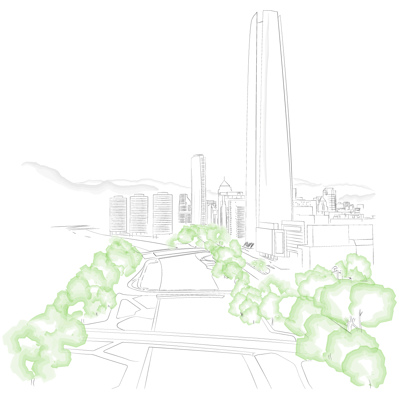 Dibujo de una ciudad con arboles expresando el compromiso medio ambiental en fabrica de muebles de oficina en chile.